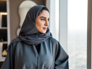 An Arabic woman wearing a gray abaya and matching hijab looks thoughtfully out of a large window with a city view.