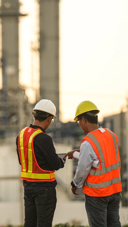 Two workers in front of a chemical plant