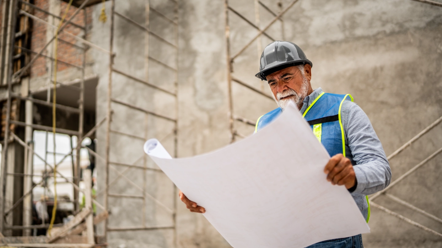 Construction worker looking at construction paper  Construction worker with helmet