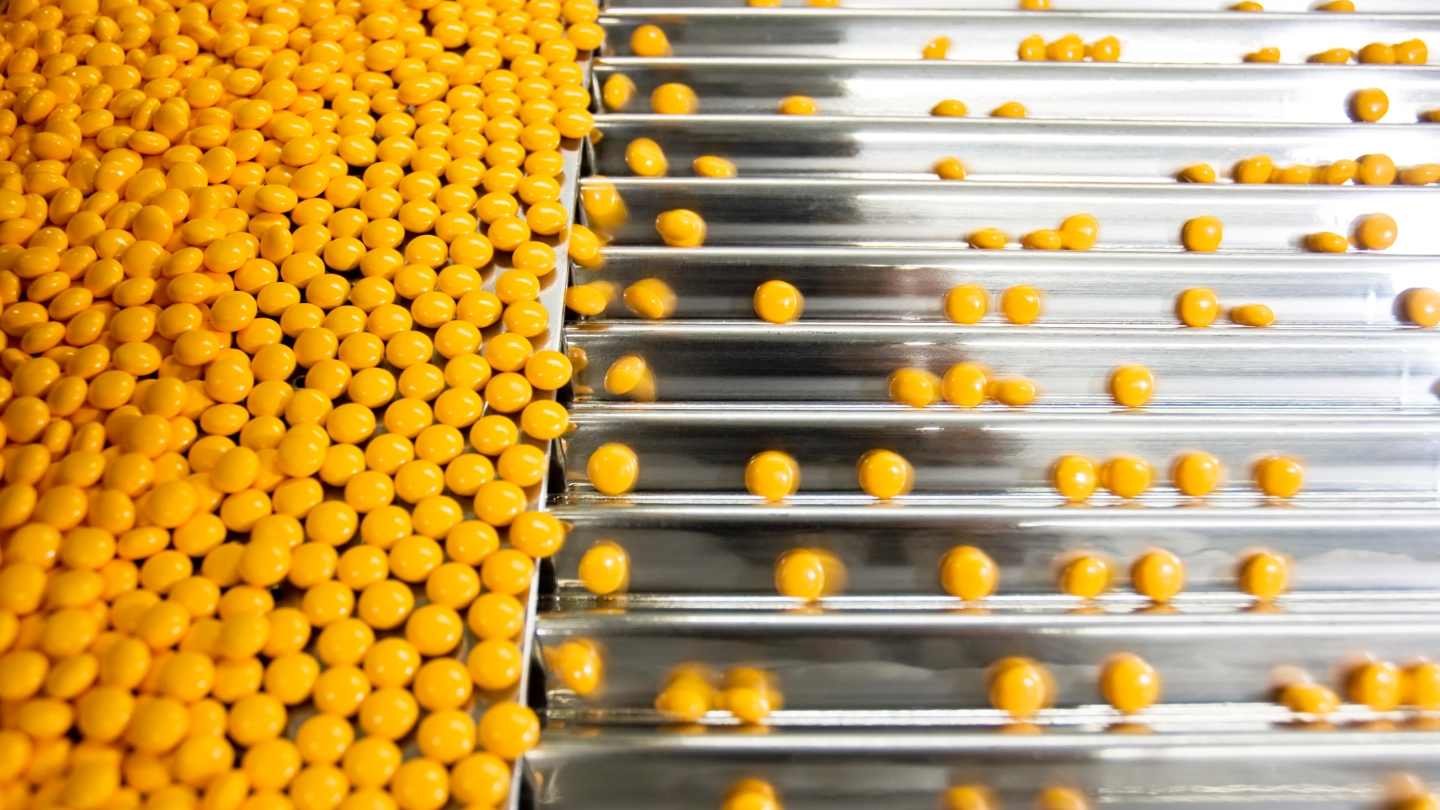 pills on a conveyor belt pills on a conveyor belt